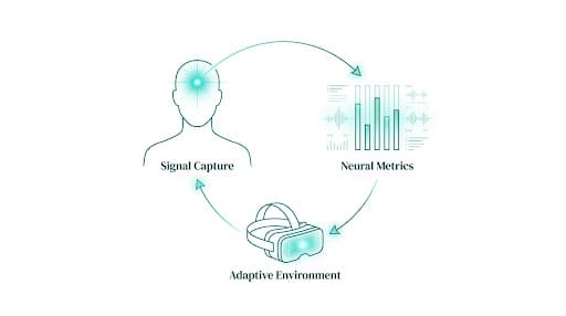 LiberateOS closed-loop session diagram: EEG signal capture, neural metrics, adaptive VR environment, returning to the person.